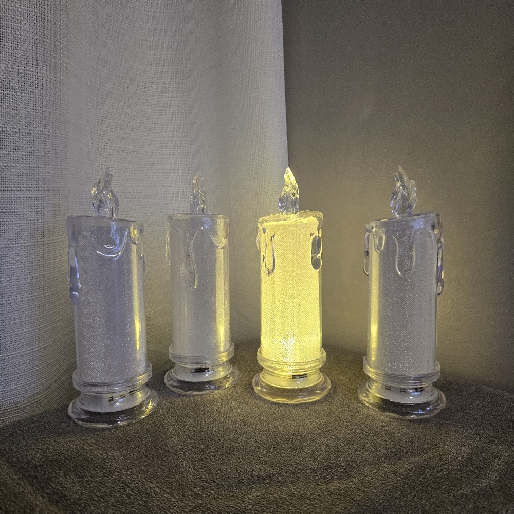 4 LED Flameless Candles ~7in Glitter Full Light W Batteries Holiday Lighting